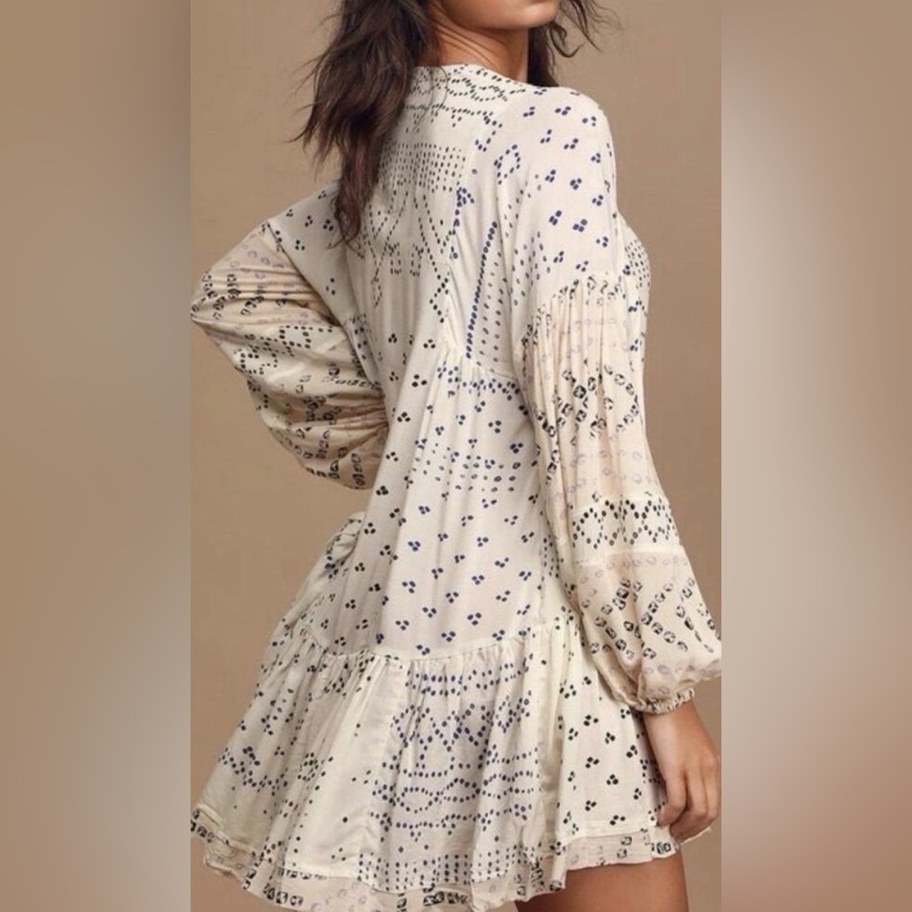 Free People Shibori Ivory Printed Boho Button Up Tunic Mini Dress Medium - Picture 2 of 10